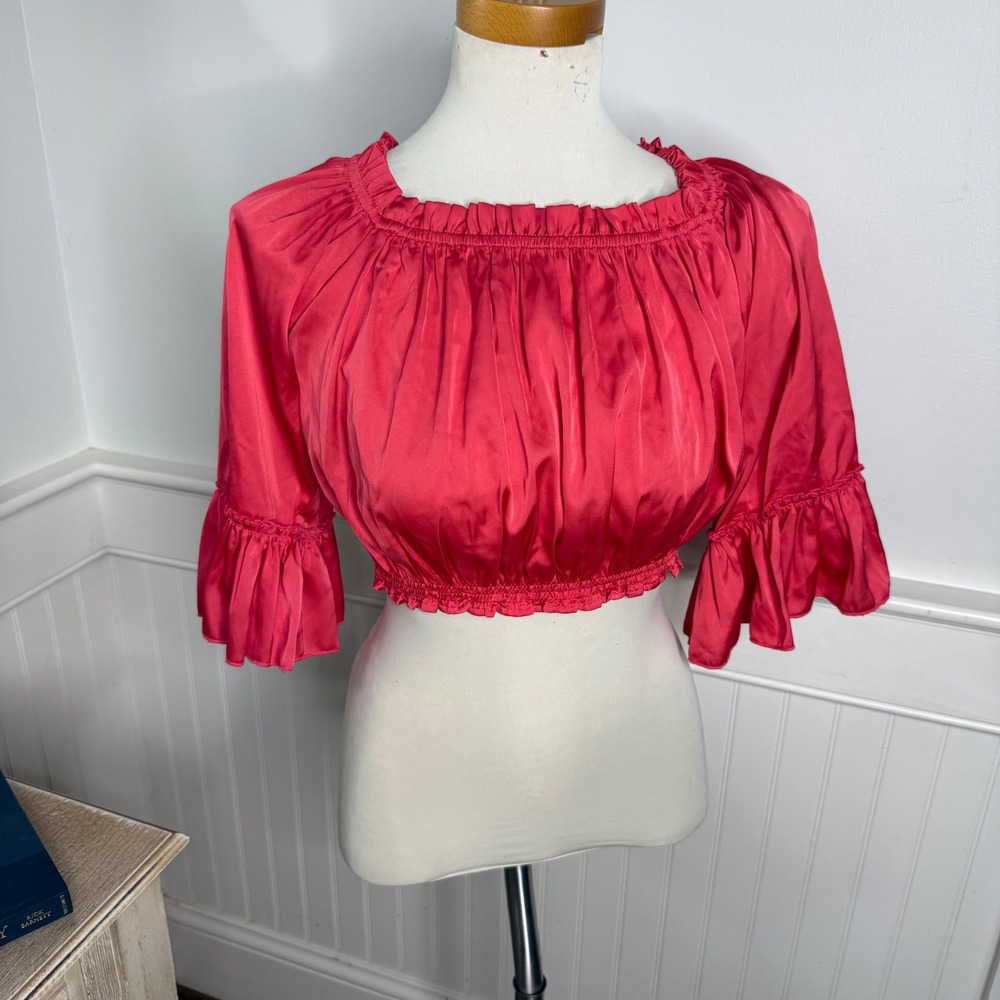 SHUG Doris Off The Shoulder Ruffle Crop Top Watermelon Pink Medium NEW